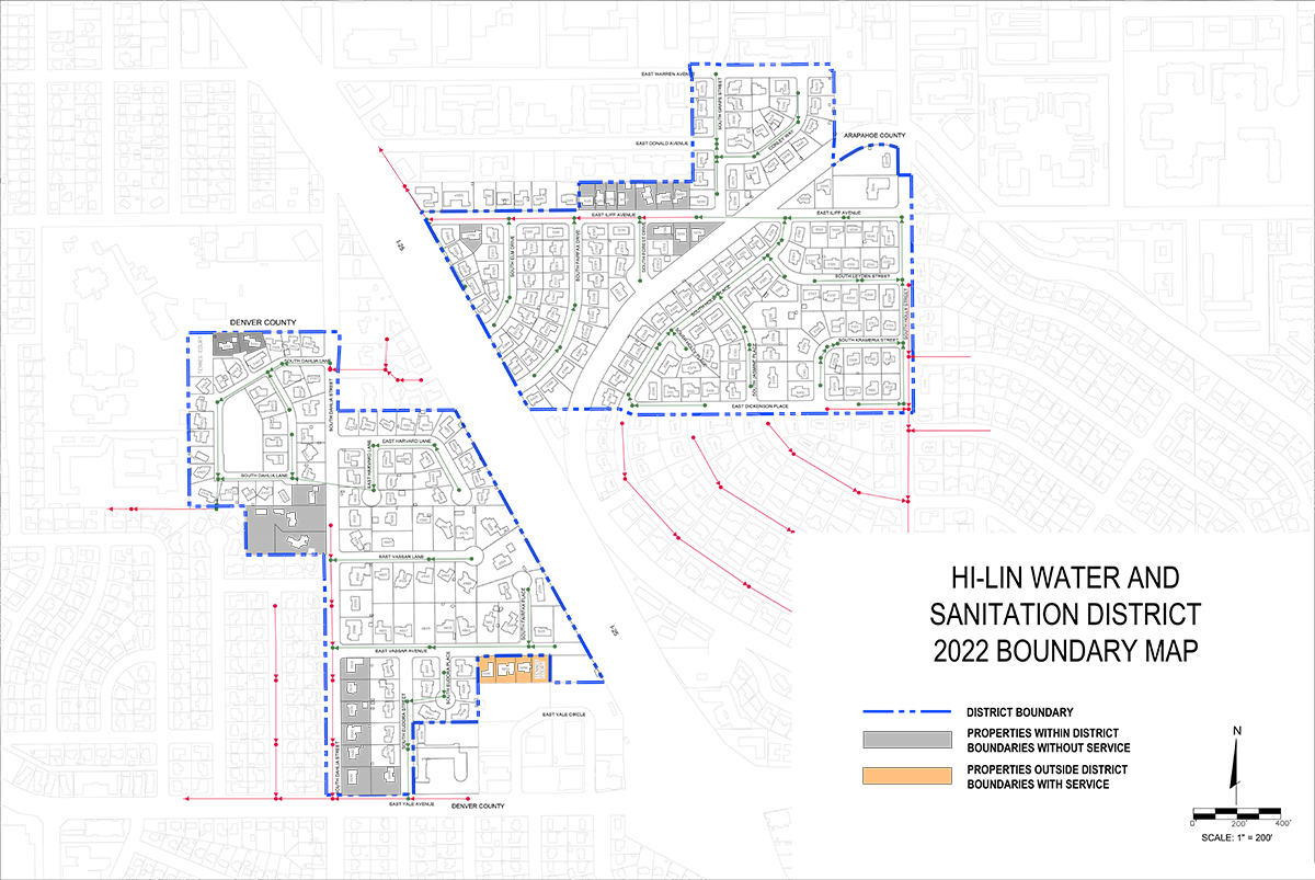 boundary map for the Hi-Lin Water and Sanitation District, highlighting district boundaries, properties within the district without service, and properties outside the district with service. Key streets such as East Iliff Avenue, South Dahlia Lane, and East Yale Avenue are marked, along with major landmarks like I-25. The map includes a scale of 1 inch equal to 200 feet, with a north direction indicator. Additional details, such as property identifiers and layout patterns, are included for reference